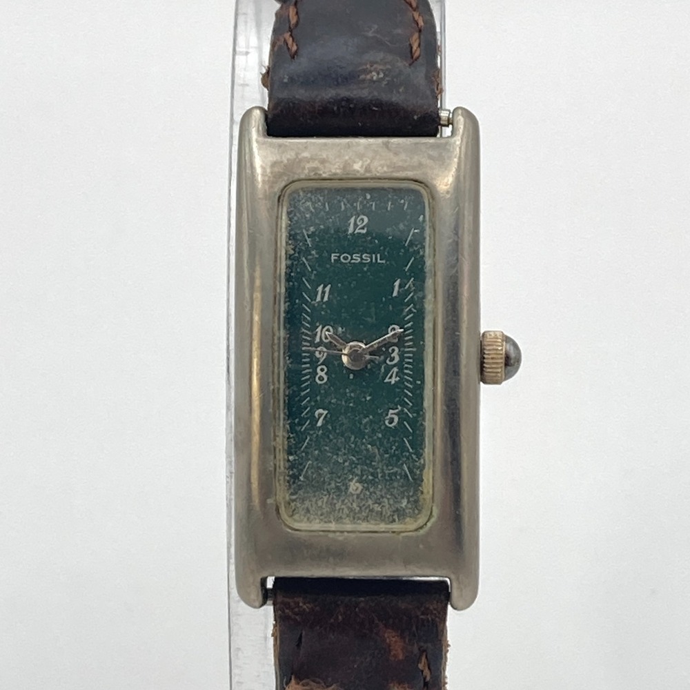 Vtg Fossil Women's Tank Watch 16mm Silver Tone Woven Band Green Dial New Battery